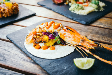 Taco with prawn or shrimp and sauce