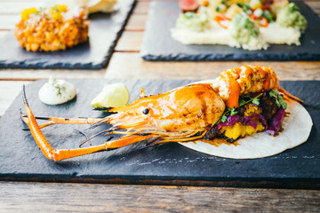 Taco with prawn or shrimp and sauce