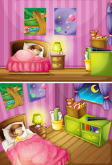 Two scenes of girl in bedroom