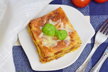 Slice of a home made lasagna with minced meat, tomato, cheese on a white plate. Healthy eating concept. Mediterranian lifestyle.