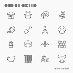 Agriculture icons with different animals, tools and symbols for eco products, farming flyers and banners. Thin line vector illustration.