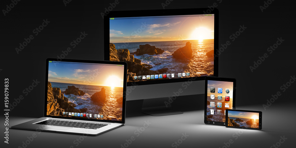 Aufkleber Dark modern computer laptop mobile phone and tablet 3D rendering