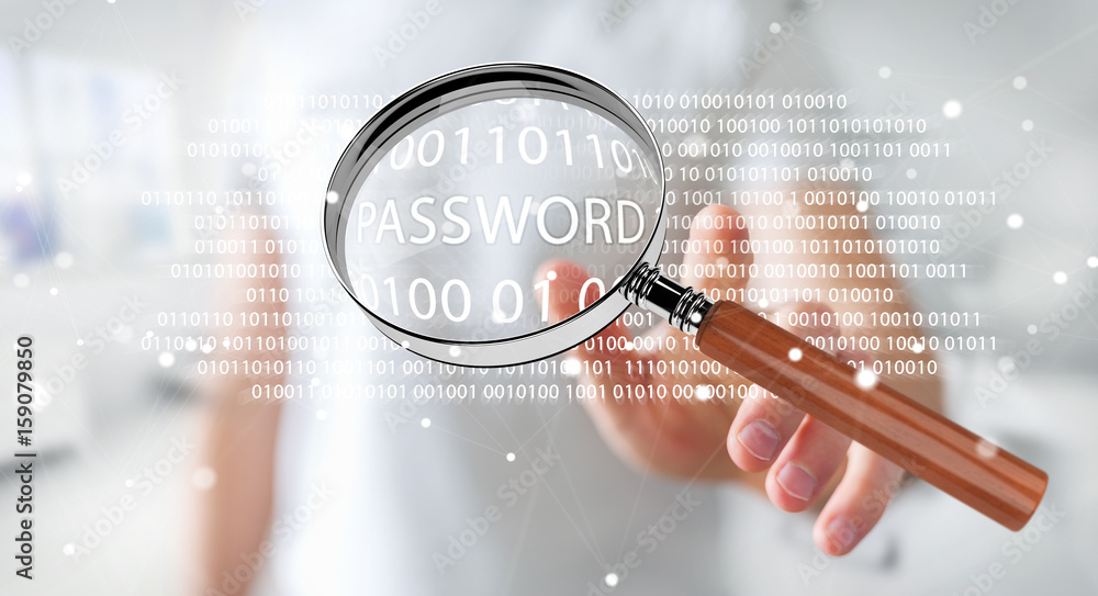 Poster Hacker using digital magnifying glass to find password 3D rendering
