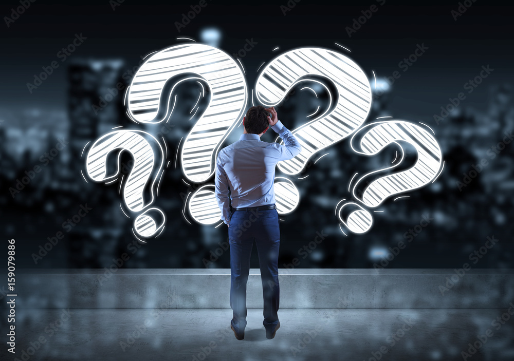 Poster businessman watching a question mark sketch on a rooftop 3d rendering