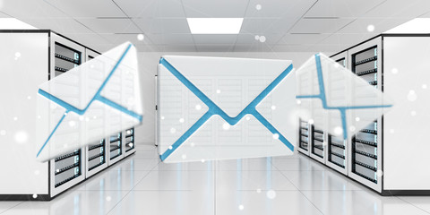 Emails flying over server room data center 3D rendering