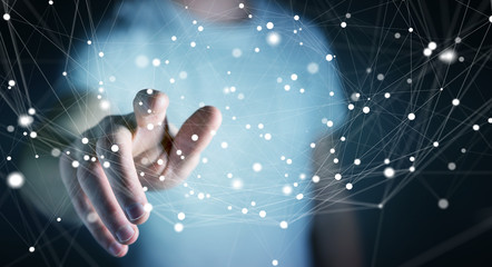 Businessman using flying network connection interface 3D rendering