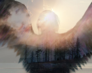 double exposure abstract art background with silhouette of angel or other mythical creature above us, guarding us,