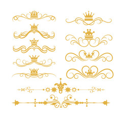Gold element. Set, victorian scrolls and crown. Decorative elements. Vector art