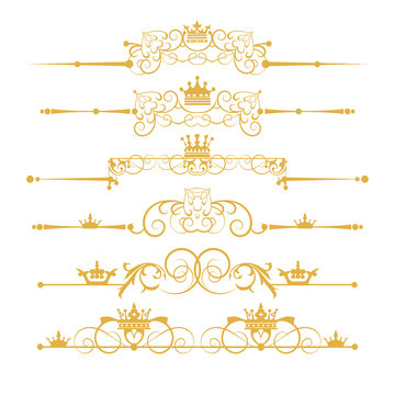 Gold element. Set, victorian scrolls and crown. Decorative elements. Vector image