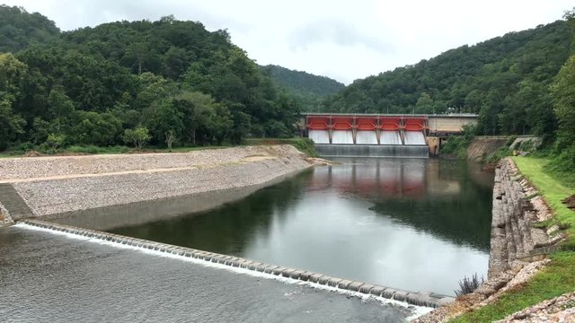 Hydroelectric dam and spillway in the mountains, Kiew Lom Dam , Wang River, Lampang,Thailand