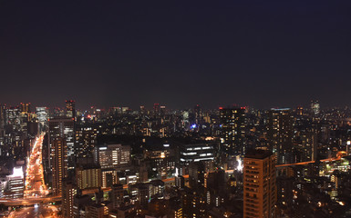 Fototapeta na wymiar 日本の東京都市景観・夜景「品川方向（左奥）や国道１号　桜田通りなどを望む」