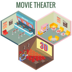 Movie theater in isometric style design. Vector flat 3d icons. Interior of cinema, cafe, ticket office