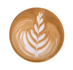 Top view of hot coffee cappuccino latte art foam isolated on white background, clipping path included