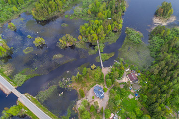 Aerial view of the blue church next to the lake on a sunny day