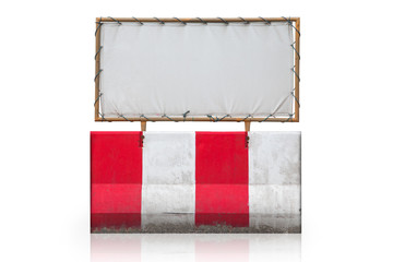 Fototapeta na wymiar Red and white color concrete barrier with steel frame with canvas for billboards isolate on white background with clipping path.