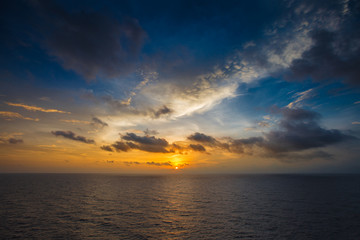 Blue sky and cloud at sea in twilight scene while sun set for background, seascape.