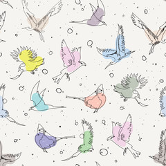 Hand drawn artistic single line birds seamless pattern