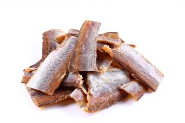 Silver Amber Fish  with pepper on a white background (isolated). Snack to beer. Close up