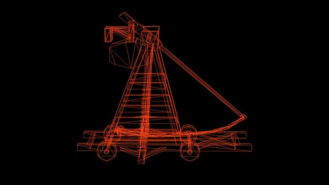 wireframe model of antique big old wooden catapult with the big stones.