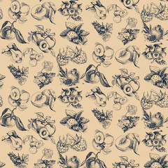 Vector sketch background fruit. Raspberry, peach, apricot, orange, citrus, lemon, pear, blueberry, currant, gooseberry, pomegranate, almonds.