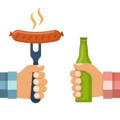 Cooked hot fried sausage on fork and bottle of beer in hand of man. Invitation card on barbecue. BBQ party poster. Isolated on white background. Vector illustration flat design. Grill picnic template.