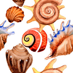 Watercolor summer beach seashell tropical elements pattern, underwater creatures.