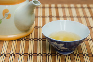 Teapot and hot tea on wooden table , Tea breaking time.