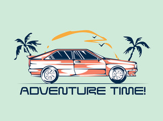 Adventure time poster with retro vehicle, palms and sunrise vector illustration. Let's travel concept