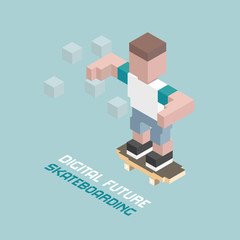 Digital future skateboarding, cubes composition isometric vector illustration