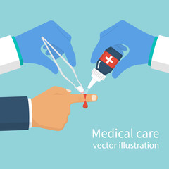 Wound treatment. A doctor with tool in hand treats patient with cut. Medical care, care for wounded. Vector illustration flat design. Isolated on background. Concept healthcare, provision first aid.