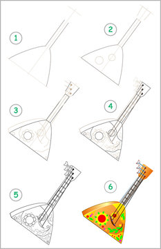 Page shows how to learn step by step to draw Russian musical instrument balalaika. Developing children skills for drawing and coloring. Vector image.