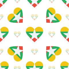 Myanmar flag heart seamless pattern. Patriotic Myanmar flag background. Country flag in the shape of heart. Vector seamless pattern.
