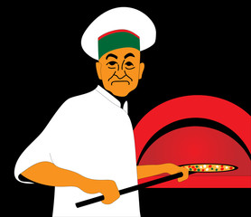 baker in uniform with pizza