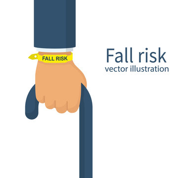 Fall risk. Bracelet on the wrist elderly man. Wooden cane in hand isolated on white background. Walking stick for support. Vector illustration flat design.