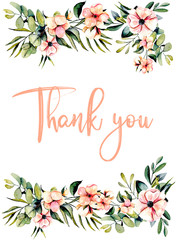 Template postcard with pink anemone flowers and eucalyptus branches, watercolor illustration, hand drawn on a white background, for invitation and other works, wedding design, greeting card