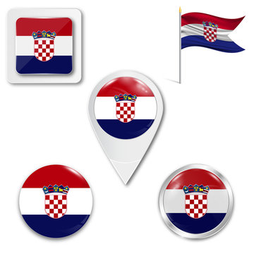 Set of icons of the national flag of Croatia in different designs on a white background. Realistic vector illustration. Button, pointer and checkbox.