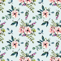 Seamless floral pattern with watercolor pink flowers and eucalyptus branches bouquets, hand drawn on a blue background