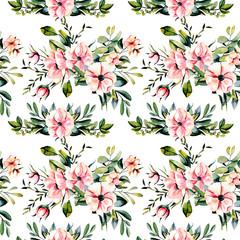 Seamless floral pattern with watercolor pink flowers and eucalyptus branches bouquets, hand drawn on a white background