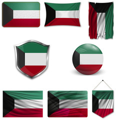 Set of the national flag of Kuwait in different designs on a white background. Realistic vector illustration.