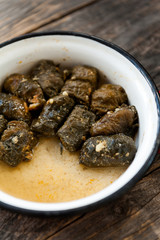 Mince rolls with rice wrapped in nettle leaf