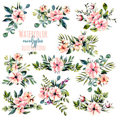 Set of watercolor pink flowers, eucalyptus branches and other plants bouquets illustration, hand drawn isolated on a white background, for a greeting card, decoration of a wedding invitation