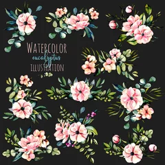 Deurstickers Set of watercolor pink flowers, eucalyptus branches and other plants bouquets illustration, hand drawn isolated on a dark background, for a greeting card, decoration of a wedding invitation © nastyasklyarova