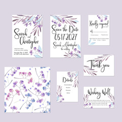 Template cards set with watercolor purple winter branches and berries; wedding design for invitation, Save the date card, RSVP, Thank you card, Wishing Well card,  for anniversary day