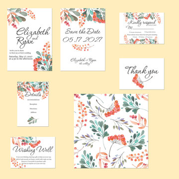 Template cards set with watercolor rowan tree and other autumn tree branches; wedding design for invitation, Save the date card, RSVP, Thank you card, Wishing Well card,  for anniversary day