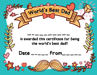 World's Best Dad Award Certificate Template For Father's Day. Hand draw