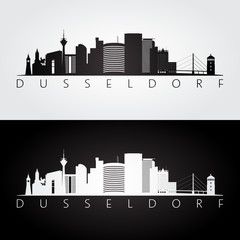 Fototapeta premium Dusseldorf skyline and landmarks silhouette, black and white design, vector illustration.