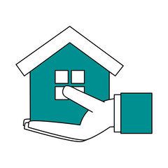 Flat line hand holding house over white background vector illustration