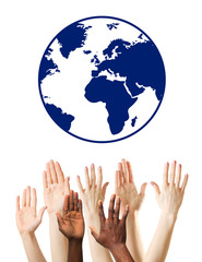 Set of raised hands, isolated on white