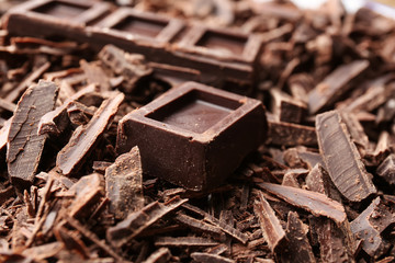 Dark chocolate chips and pieces, closeup