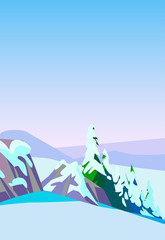 Vector illustration winter landscape with mountains and fir trees in snow.